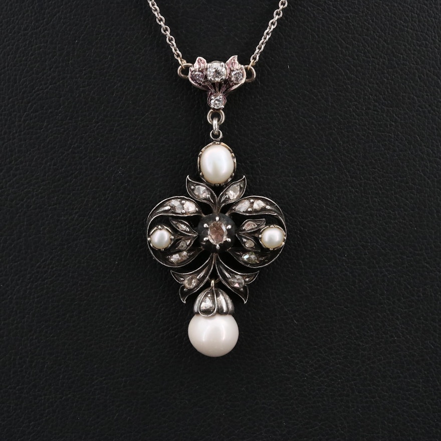 Mid Victorian 10K Lavalier Diamond and Pearl Necklace