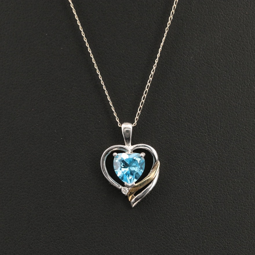 14K and Sterling Swiss Blue Topaz and Diamond Heart Pendant