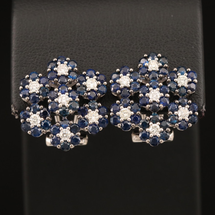 18K Gold Sapphire and Diamond Flower Cluster Earrings