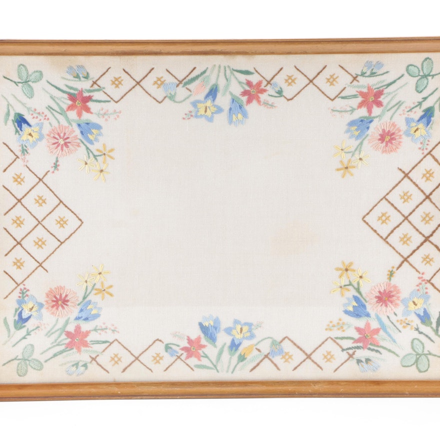 Hand-Stitched Embroidery Framed Tea Tray, Mid to Late 20th Century