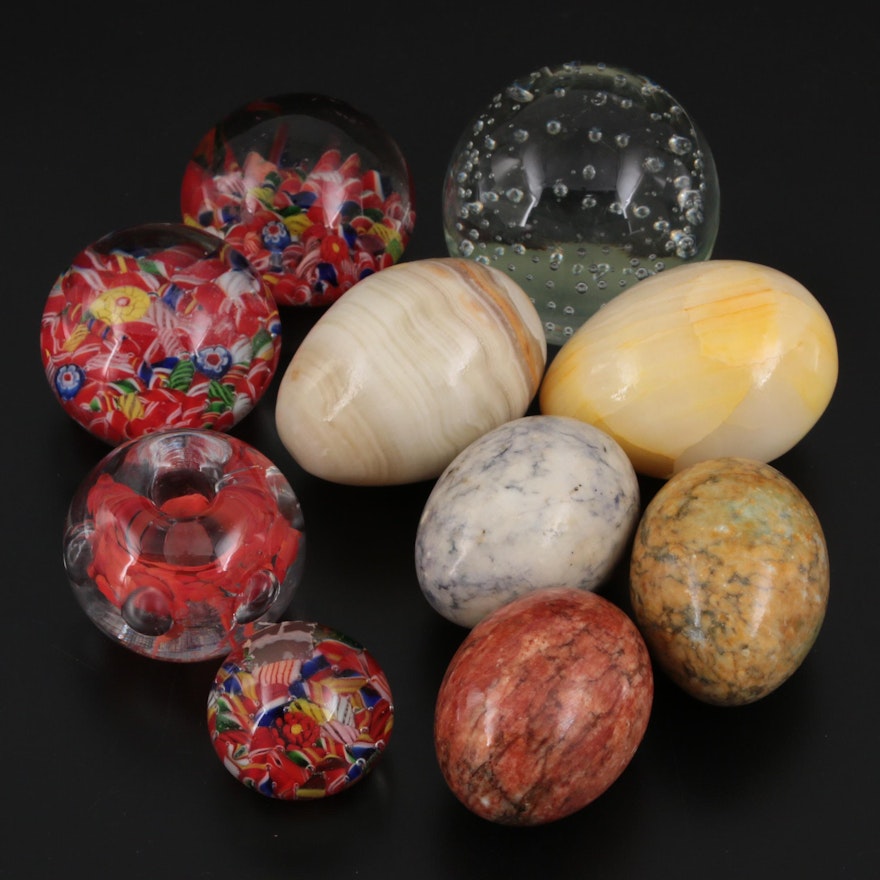 Glass and Polished Stone Paperweights and Figurines