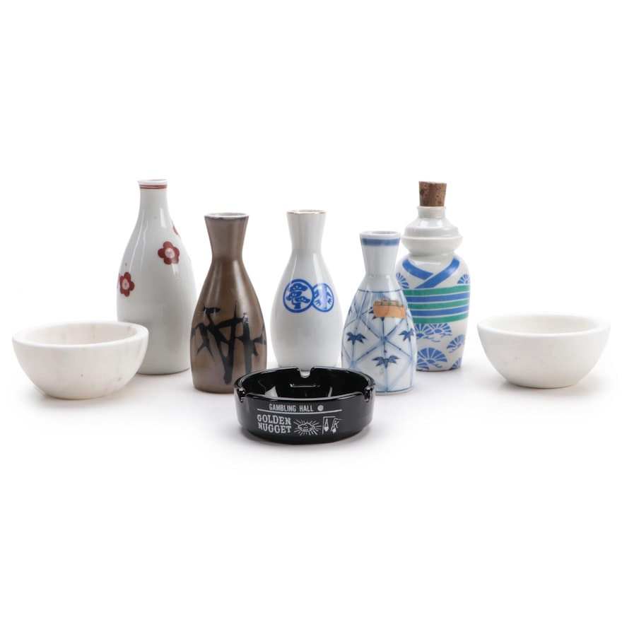 Japanese Porcelain Sake Carafes with Stone Bowls and Ceramic Ashtray