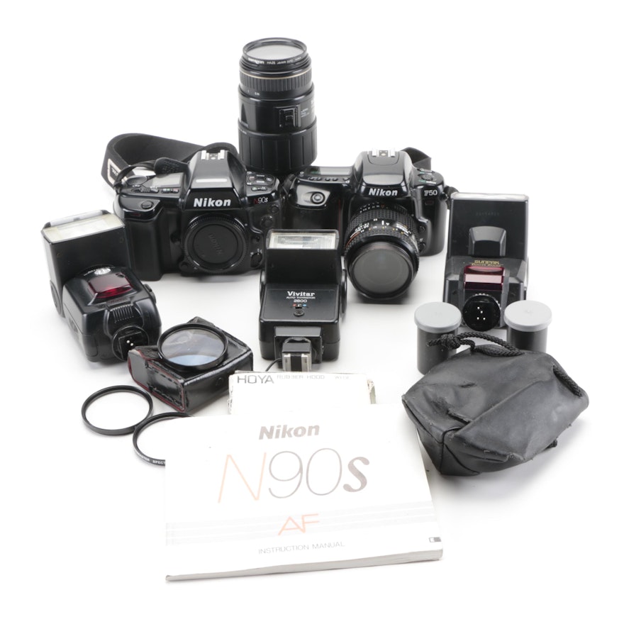 Nikon N90S and F50 35mm Cameras with Telescoping Macro Lens and Light Meters