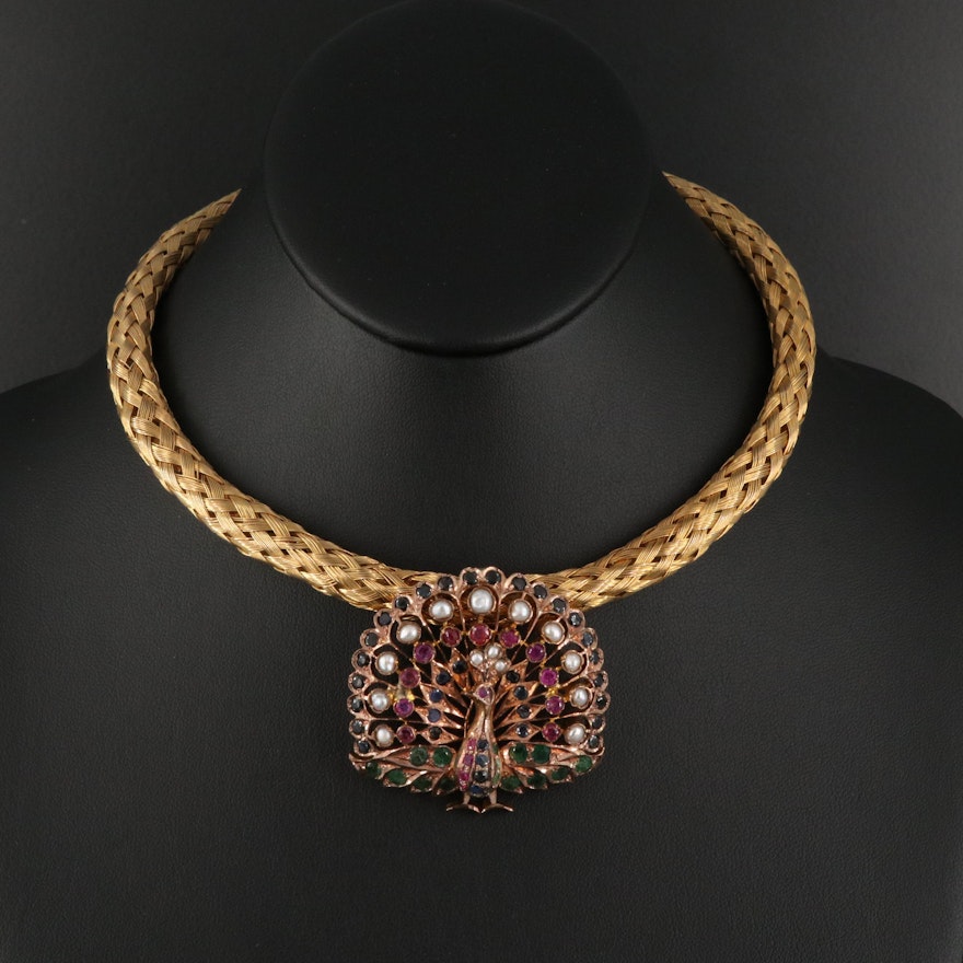 14K Braided Necklace with Pearl, Ruby and Gemstone Mughal Style Peacock Pendant