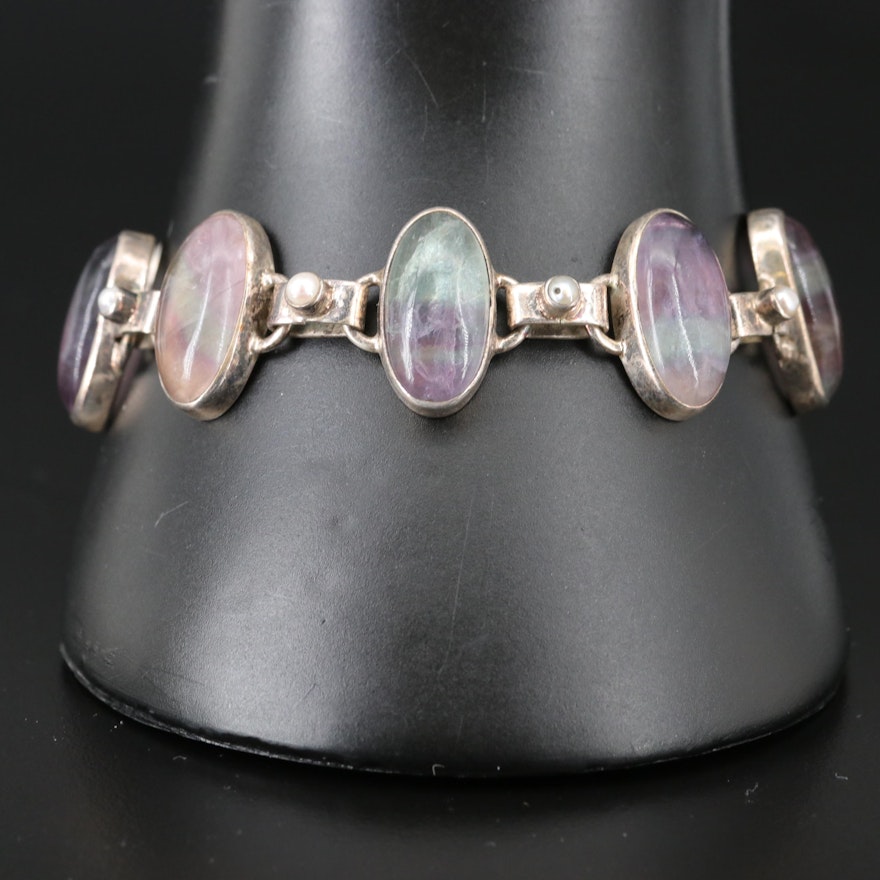 Sterling Silver Fluorite and Cultured Pearl Bracelet