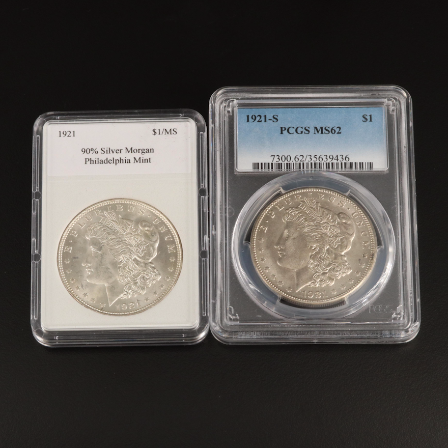 1921 and PCGS MS62 1921-S Morgan Silver Dollars