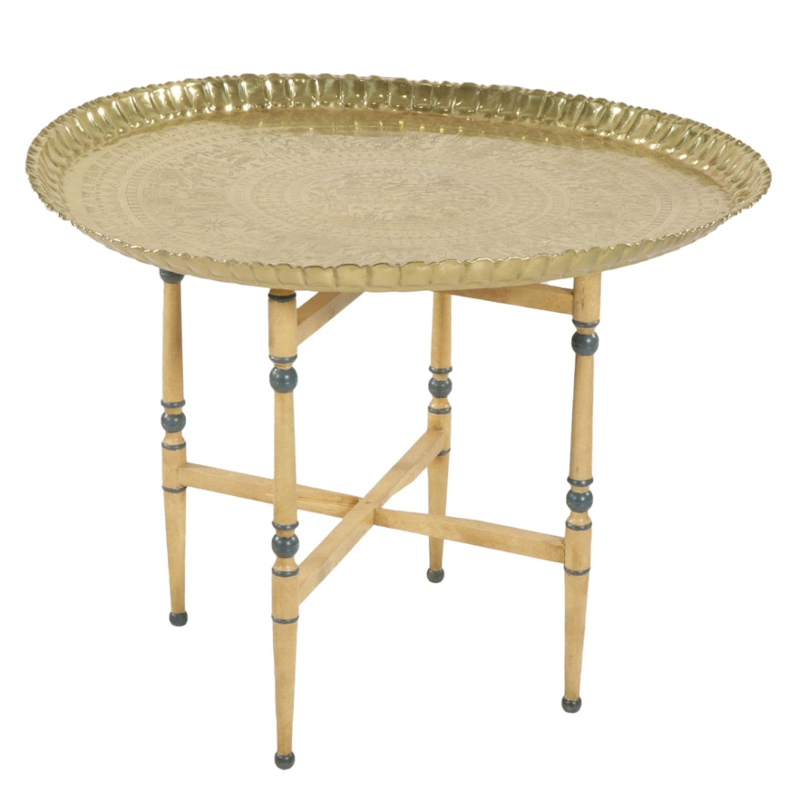 Painted Folding Table with Brass Tray Top, Mid to Late 20th Century