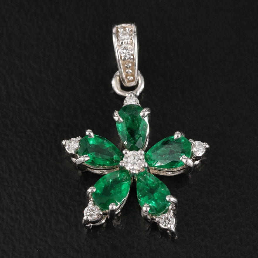 14K Gold Diamond and Emerald Floral Pendant