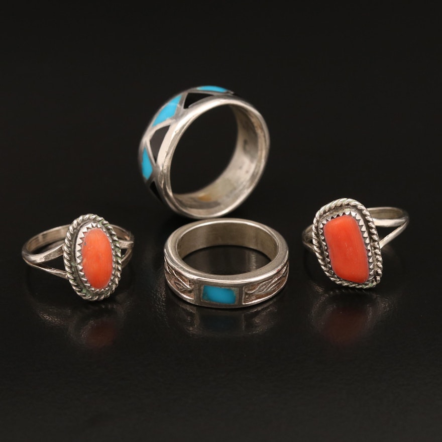 Western Sterling Silver Gemstone Rings Including Turquoise and Coral