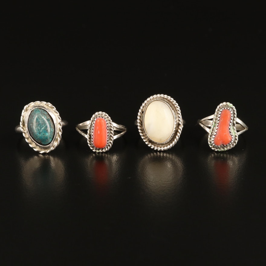 Western Style Sterling Rings with Coral, Mother of Pearl and Gemstone