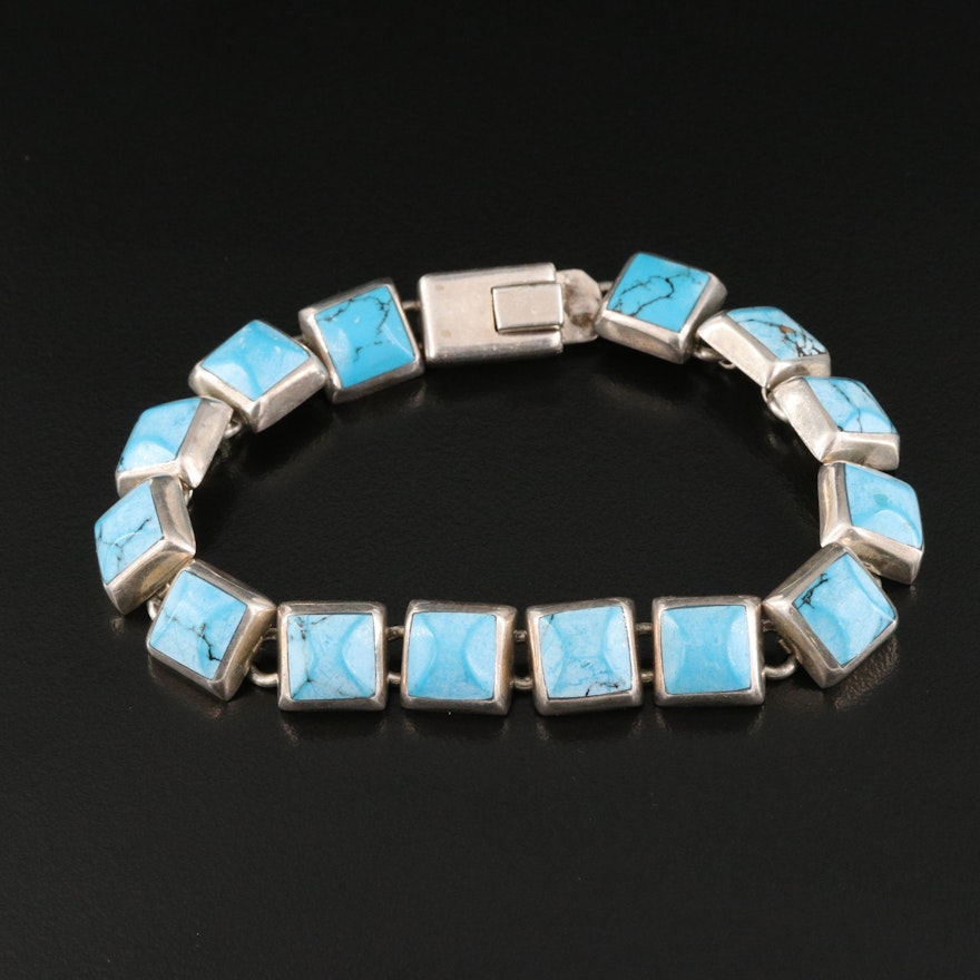 Mexican 950 Silver Faux Turquoise Square Link Bracelet