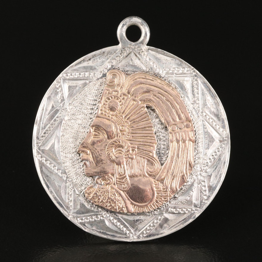 Sterling Silver Mexican Two Tone Etched Pendant