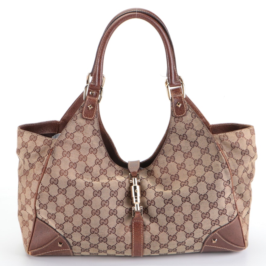 Gucci Jackie Nail Head Hobo Shoulder Bag in Tan GG Canvas and Brown Leather