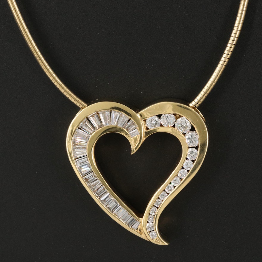 18K 2.39 CTW Diamond Heart Slide Pendant on 14K Chain Necklace
