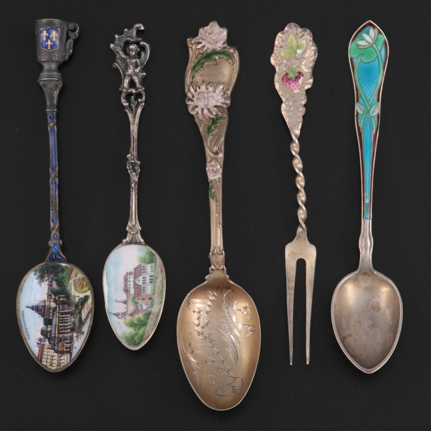 Enameled Sterling Silver and 800 Silver Spoons with 900 Silver Strawberry Fork