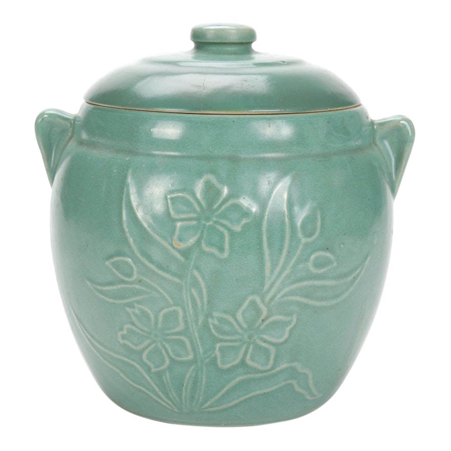 Floral Celadon Earthenware Cookie Jar, Mid-20th Century
