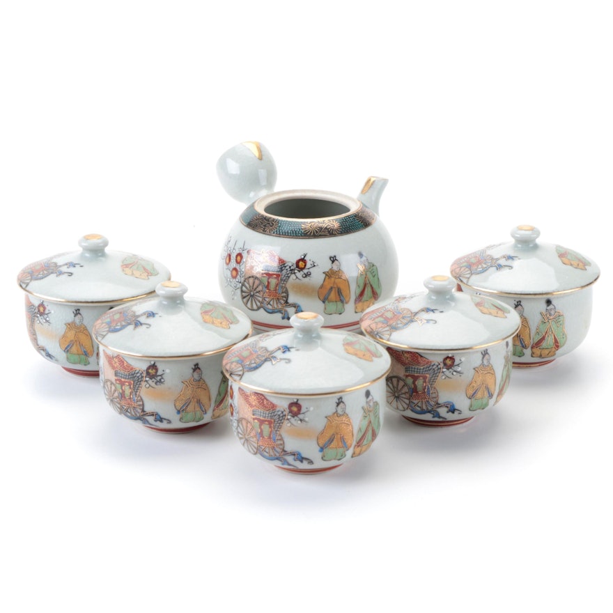 Japanese Kutani Hand-Painted Porcelain Kyūsu Teapot with Lidded Cups