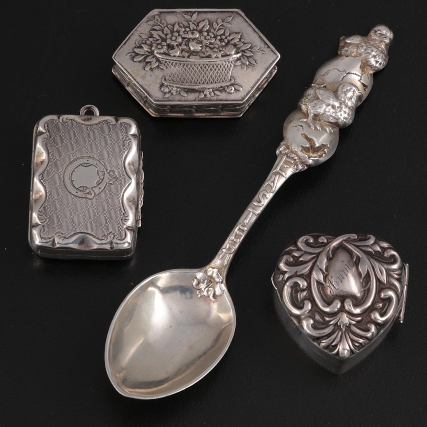 Daniel Low & Co. Sterling Spoon with 800 and Silver Vinaigrette and Pill Boxes