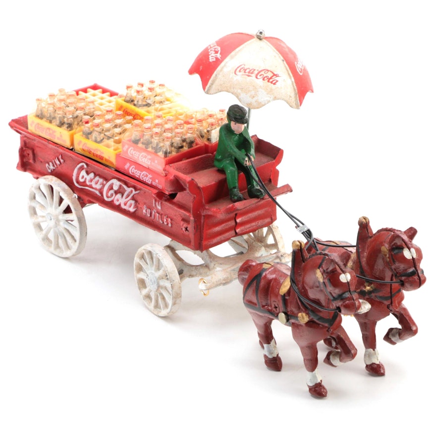 Coca-Cola Cold-Painted Cast Iron Horse and Wagon with Miniature Coke Bottles