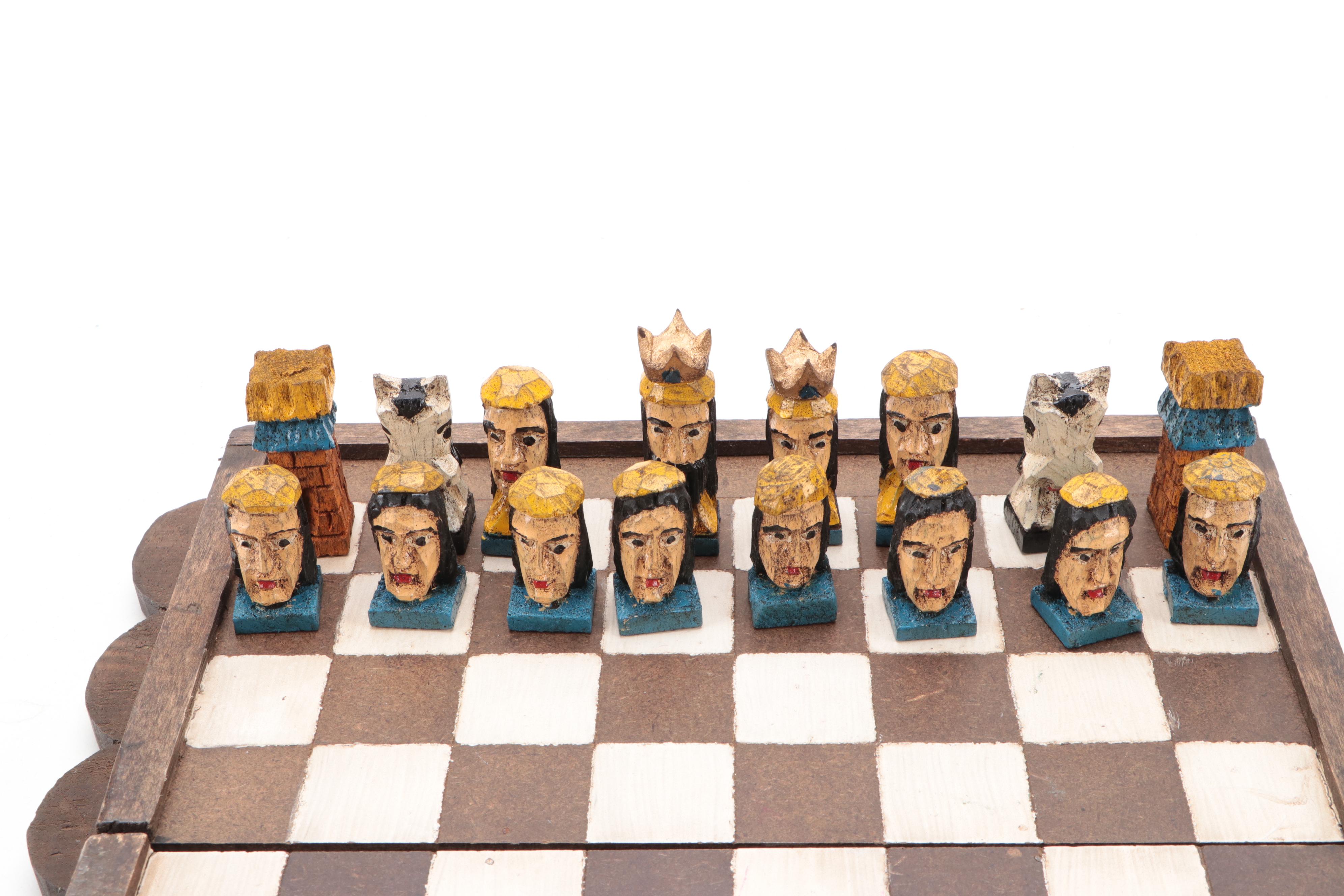 Handcrafted Wooden Folk Art Chess Set and Board EBTH