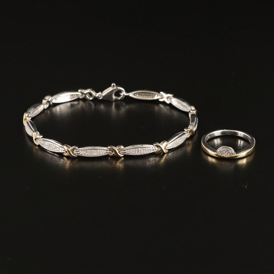 Sterling Diamond Ring and Bracelet with 10K Accents