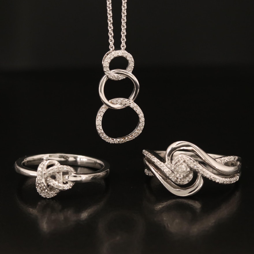 Sterling Silver Diamond Circles Pendant Necklace with Swirl and Knot Rings