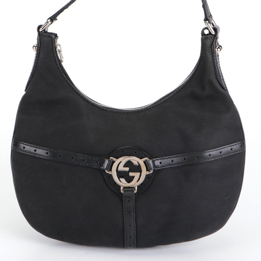 Gucci Flat Hobo Shoulder Bag Small in Black Canvas and Perforated Leather