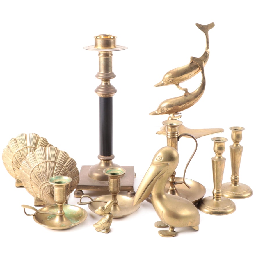 Fritz Brass Shell Bookends with Other Brass Candlesticks and Décor