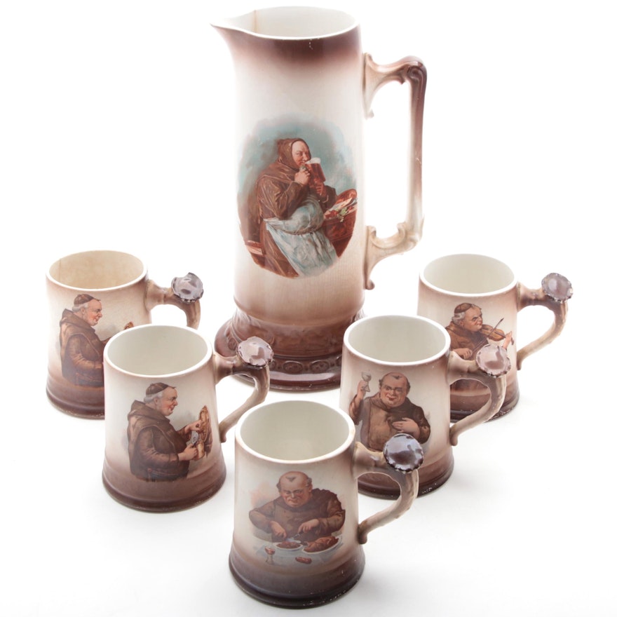 Laughlin Art China Ceramic Beer Pitcher and Mugs with Friar Monk Design