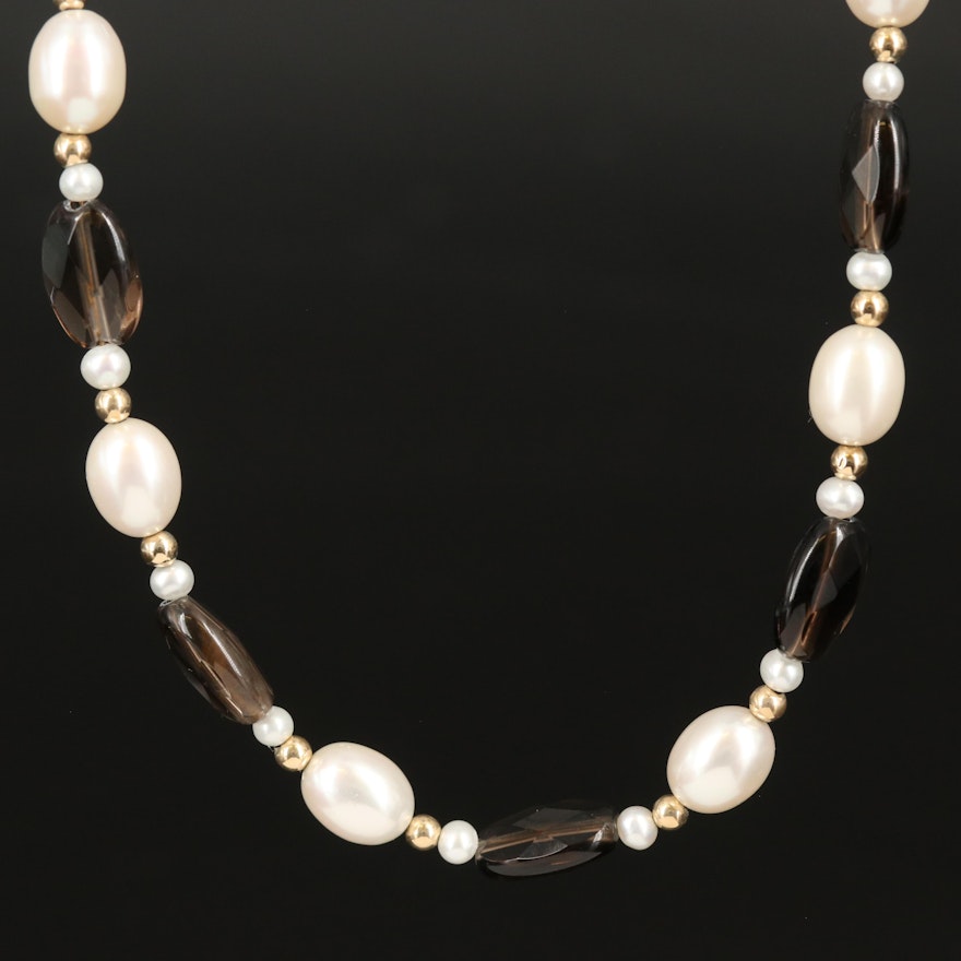 14K Gold Smoky Quartz and Pearl Necklace