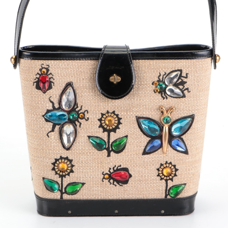 Enid Collins "Glitter Bugs" Bucket Bag in Canvas and Leather Trim