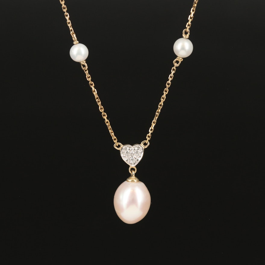 14K Gold Pearl Station Necklace with Diamond Accents