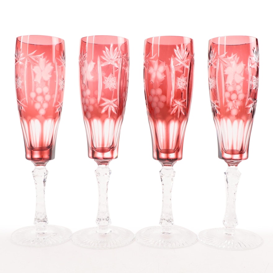 Bohemian Style Cranberry Cut to Clear Glass Champagne Flutes