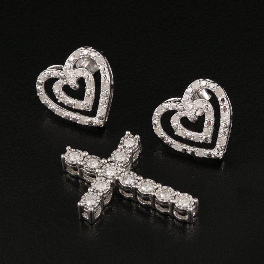 Sterling Diamond Cross and Heart Stud Earrings