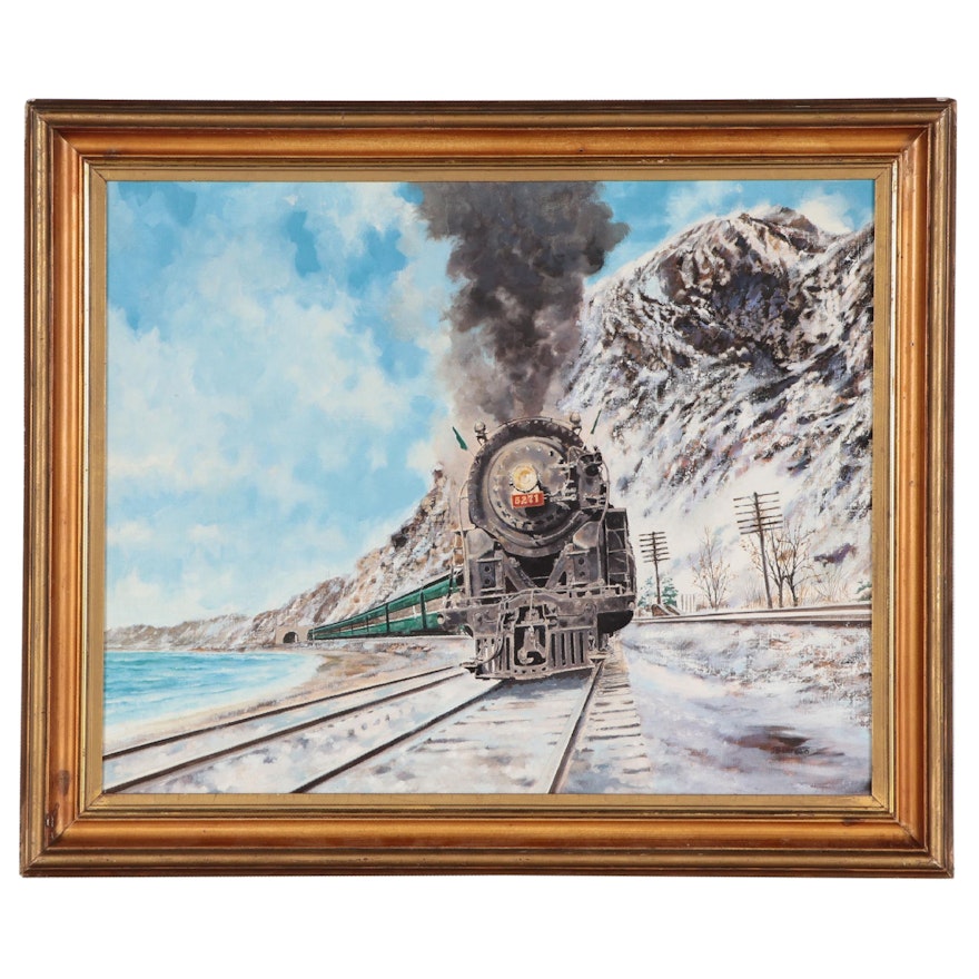 James Bennett Deneen Oil Painting "Train in Winter," Late 20th Century