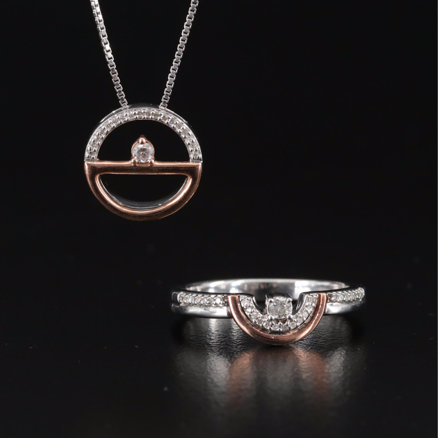 Contemporary Sterling Diamond Necklace and Ring with 10K Accents
