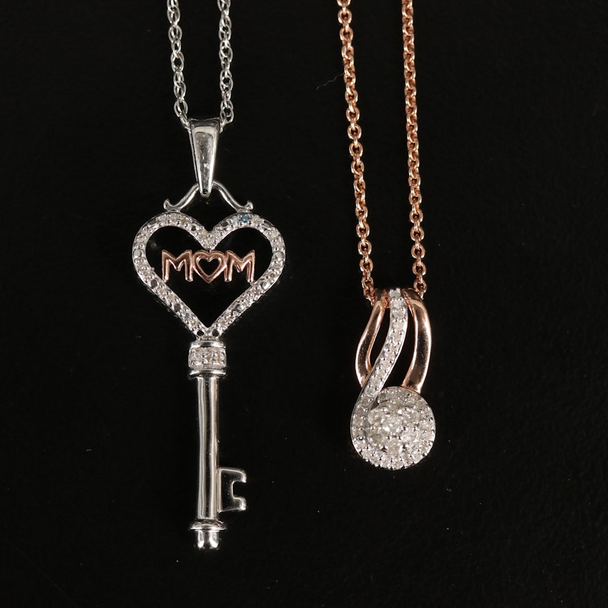 Sterling Diamond Pendant Necklaces Featuring "Mom" Key and 10K Accent
