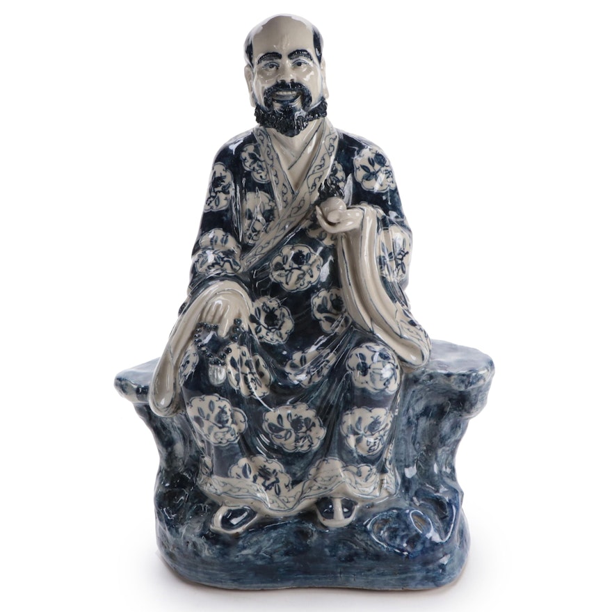Chinese Hand-Painted Blue and White Porcelain Seated Scholar Figurine