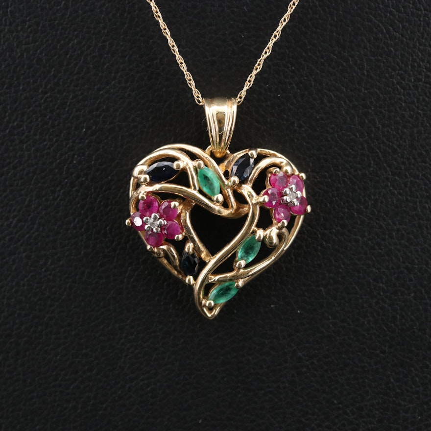 10K Diamond and Gemstone Heart Pendant on 14K Singapore Chain Necklace