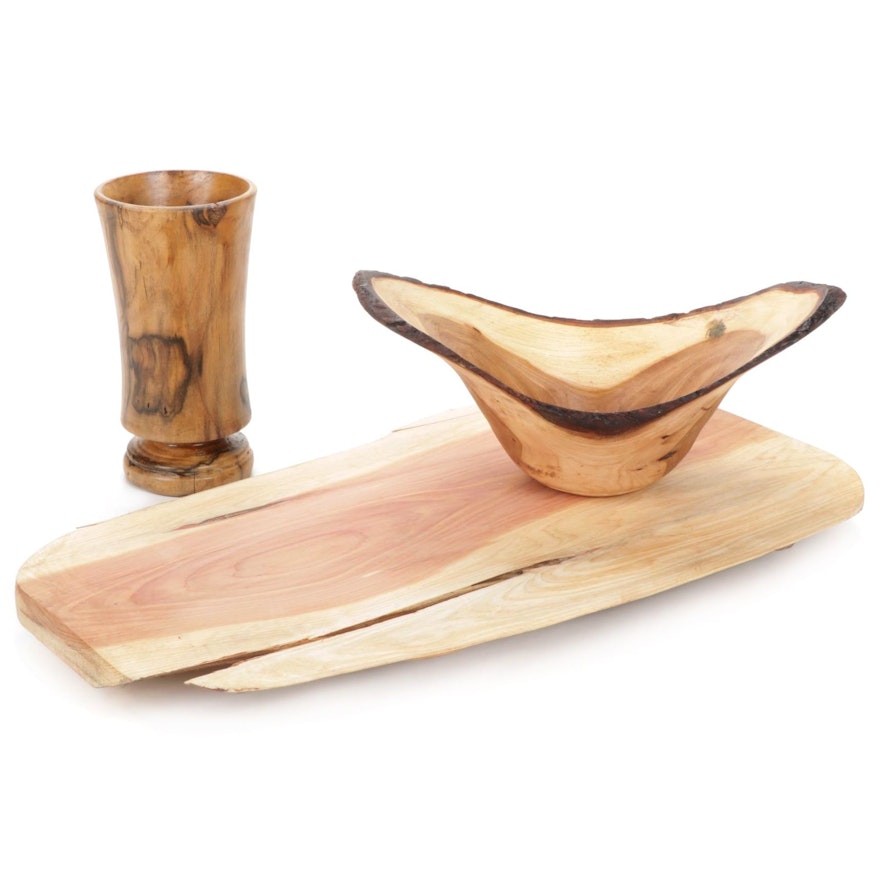Jim Eliopulos Red Elm Bowl, Walnut Vase, and Cedar Wood Charcuterie Board