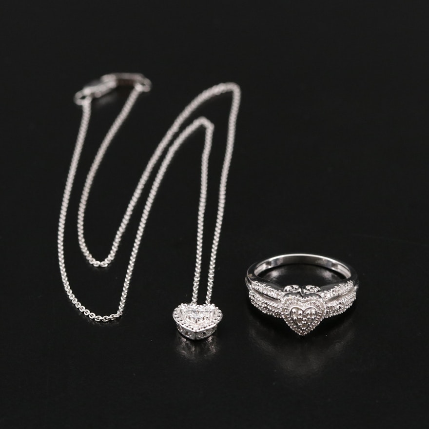 Sterling Silver Diamond Heart Ring and Pendant Necklace Set
