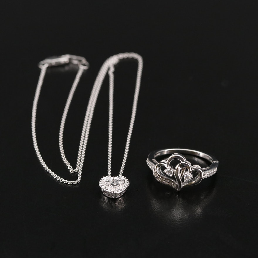 Sterling Heart Necklace and Ring Including Diamonds
