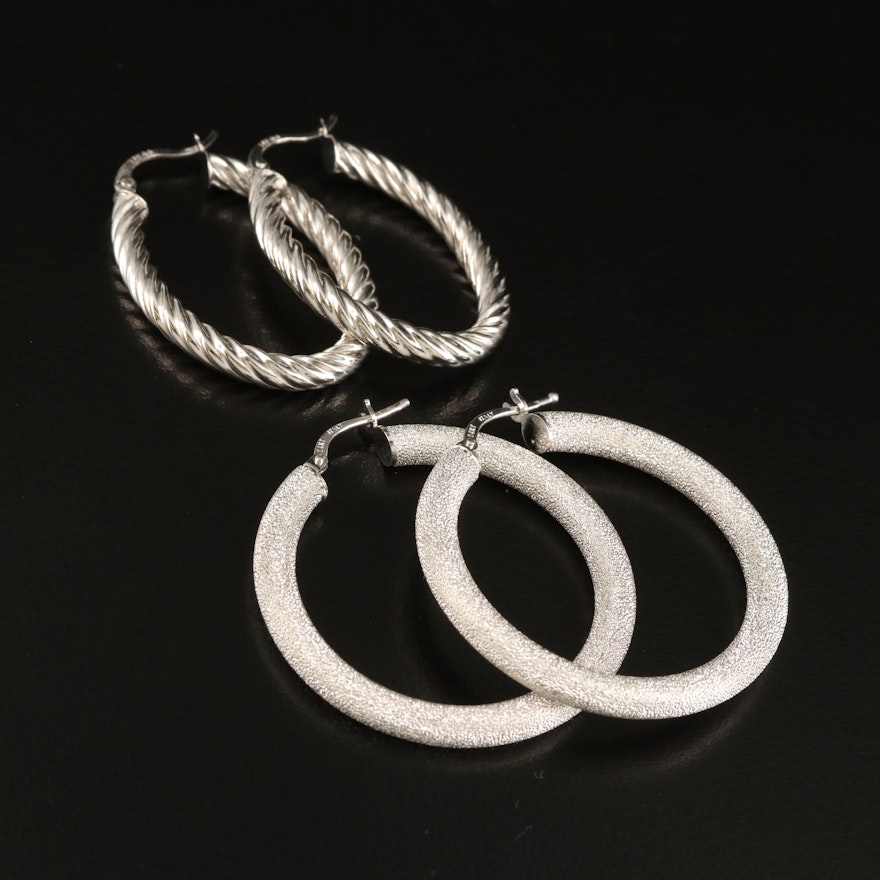 14K Braided Oval and Stippled Round Hoop Earrings