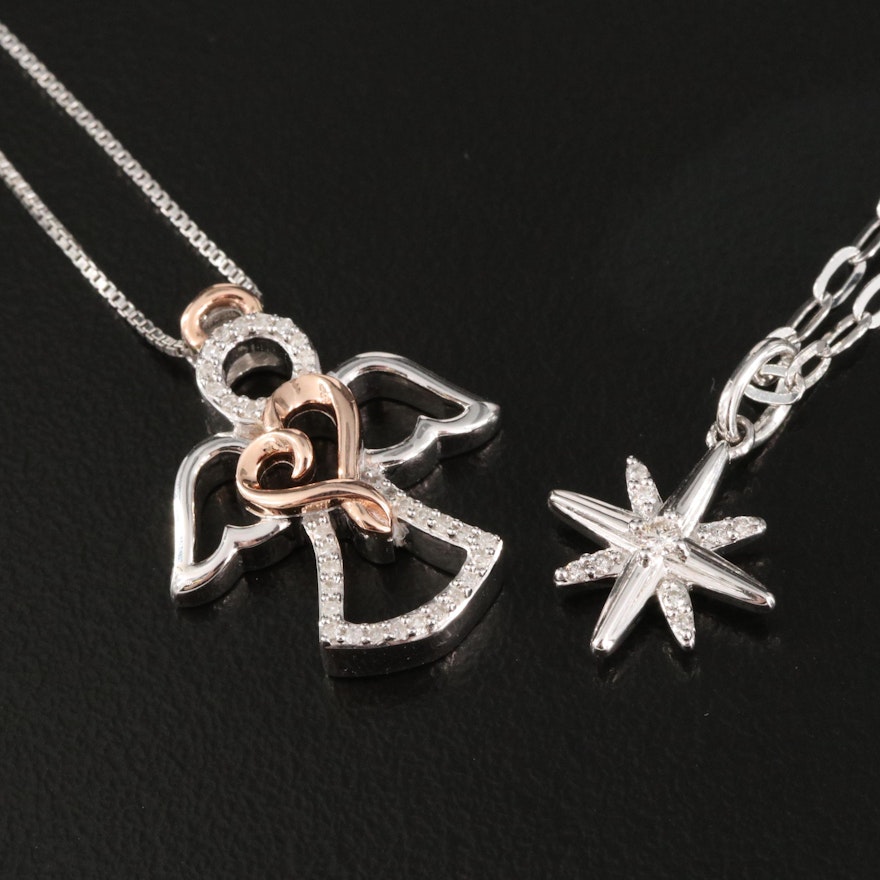 Sterling Diamond Star and Hallmark 10K Accented Angel Necklaces