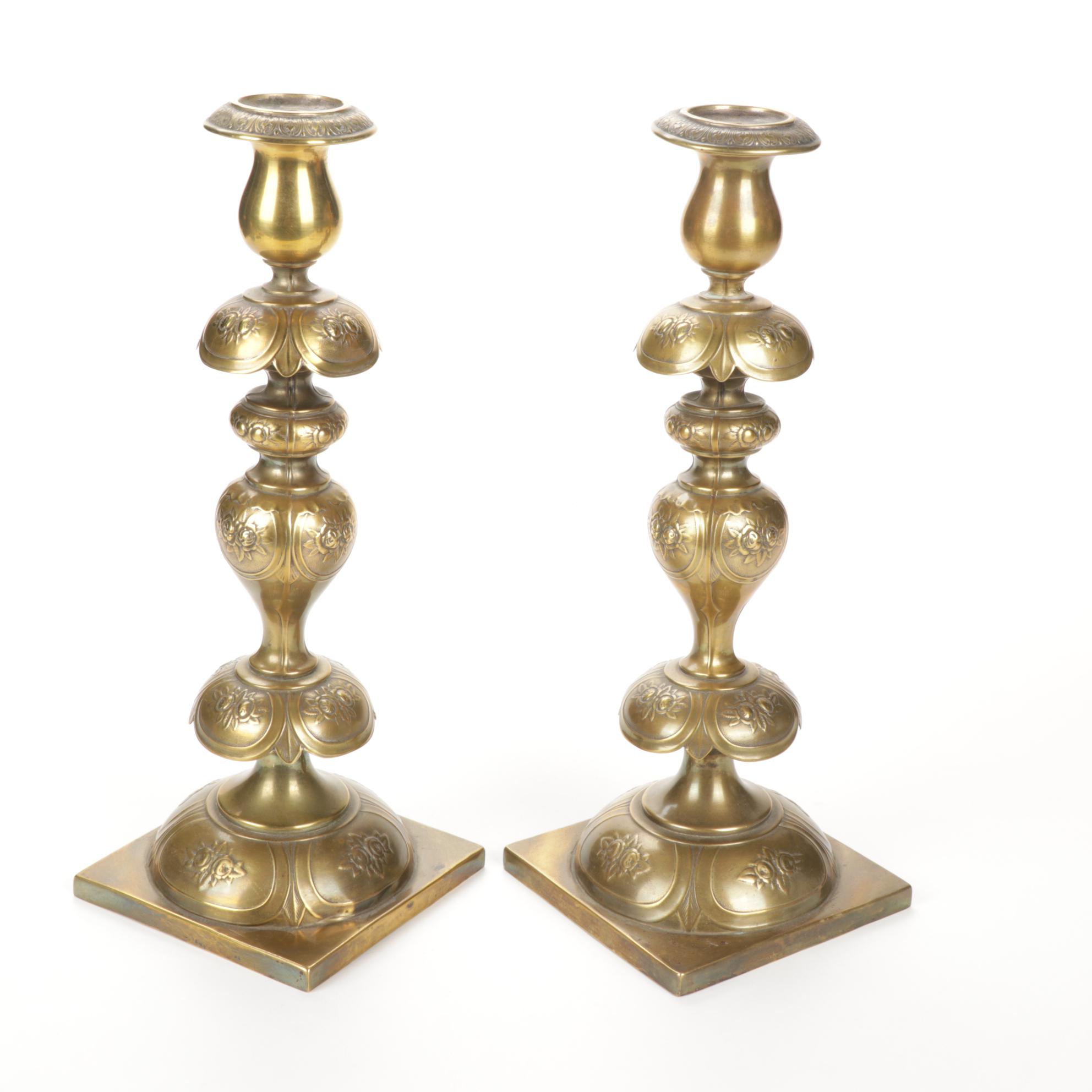 Pair of Norblin & Co. Brass Shabbat Candlesticks, Late 19th Century EBTH