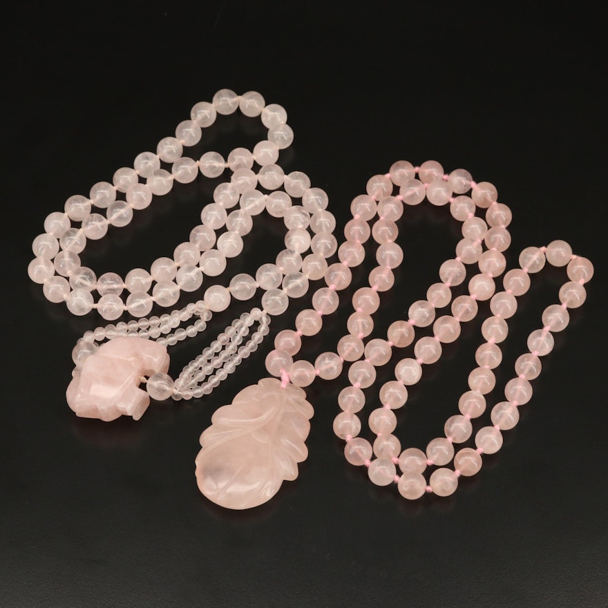 Rose Quartz Endless Necklaces with Elephant and Fruit Carvings
