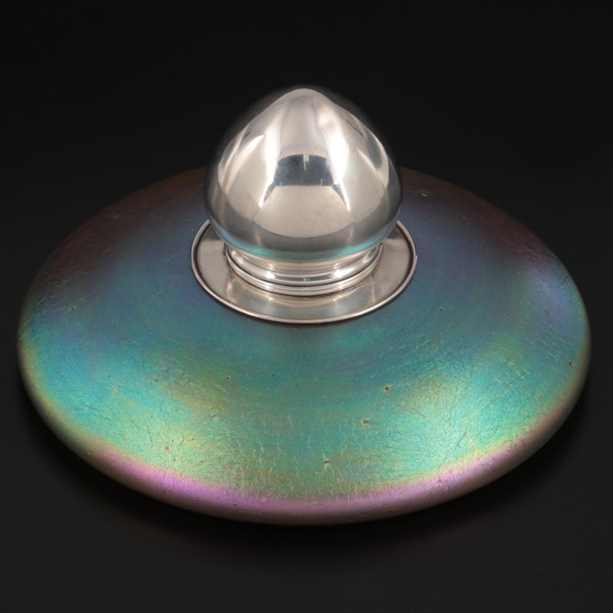 La Pierre Sterling Silver and Iridescent Art Glass Inkwell, Early 20th Century