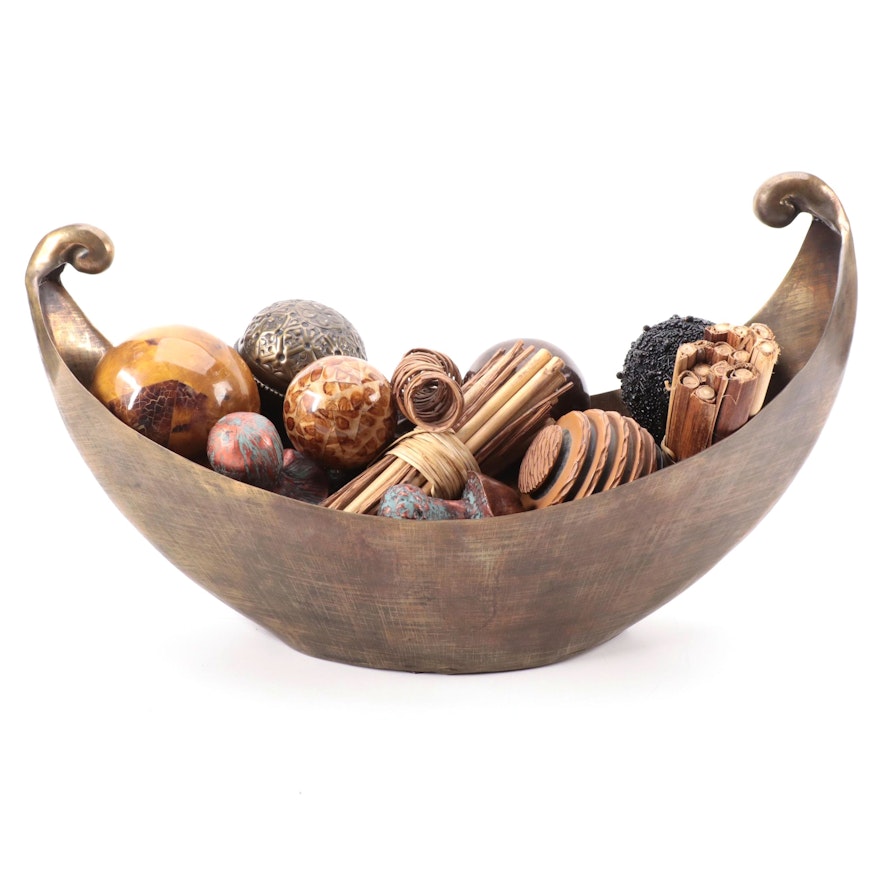 Bronze Tone Metal Centerpiece Bowl with Wood and Resin Accessories