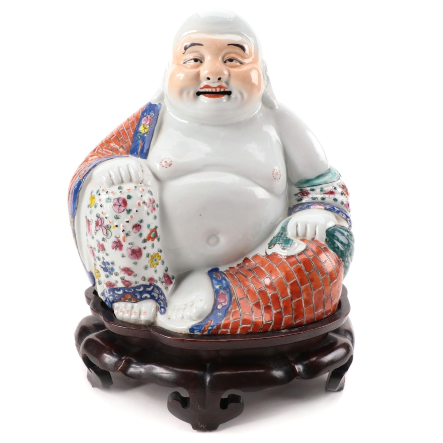 Chinese Hand-Painted Porcelain Budai with Wood Stand