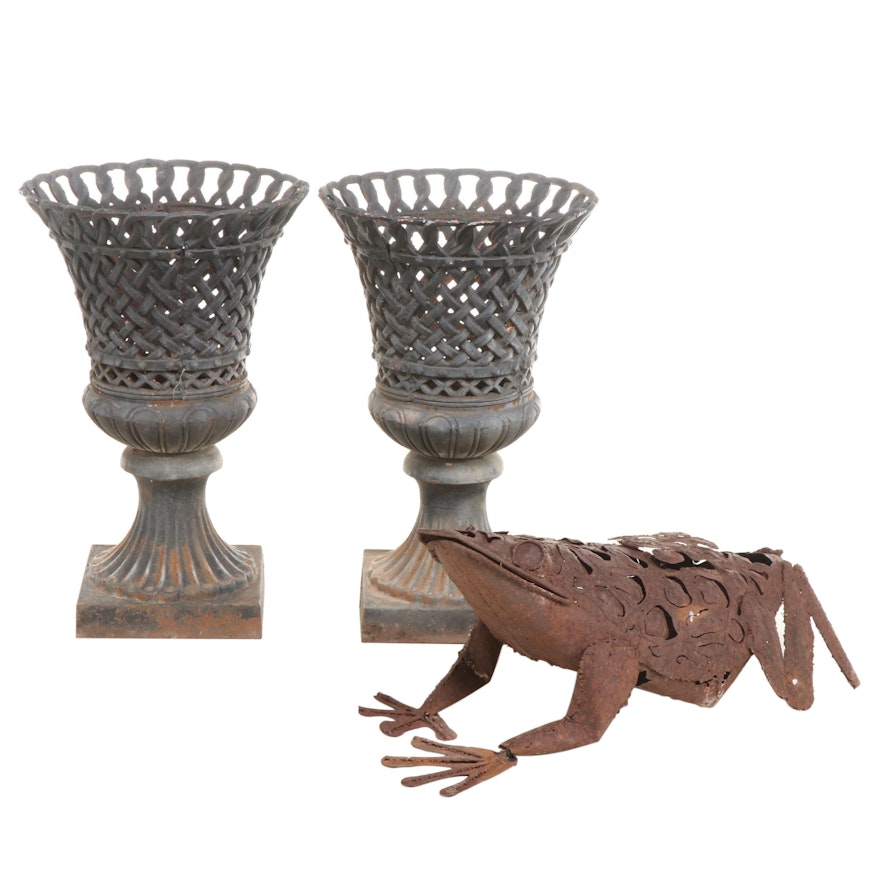 Pair of Cast Iron Open Weave Garden Urns with Artisan Iron Frog Sculpture